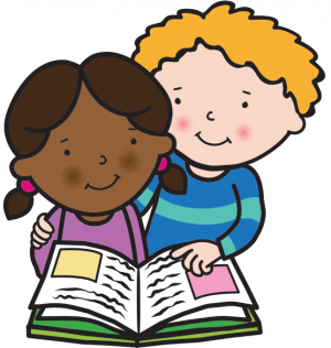 girl child reading a book with adult guided reading illustration